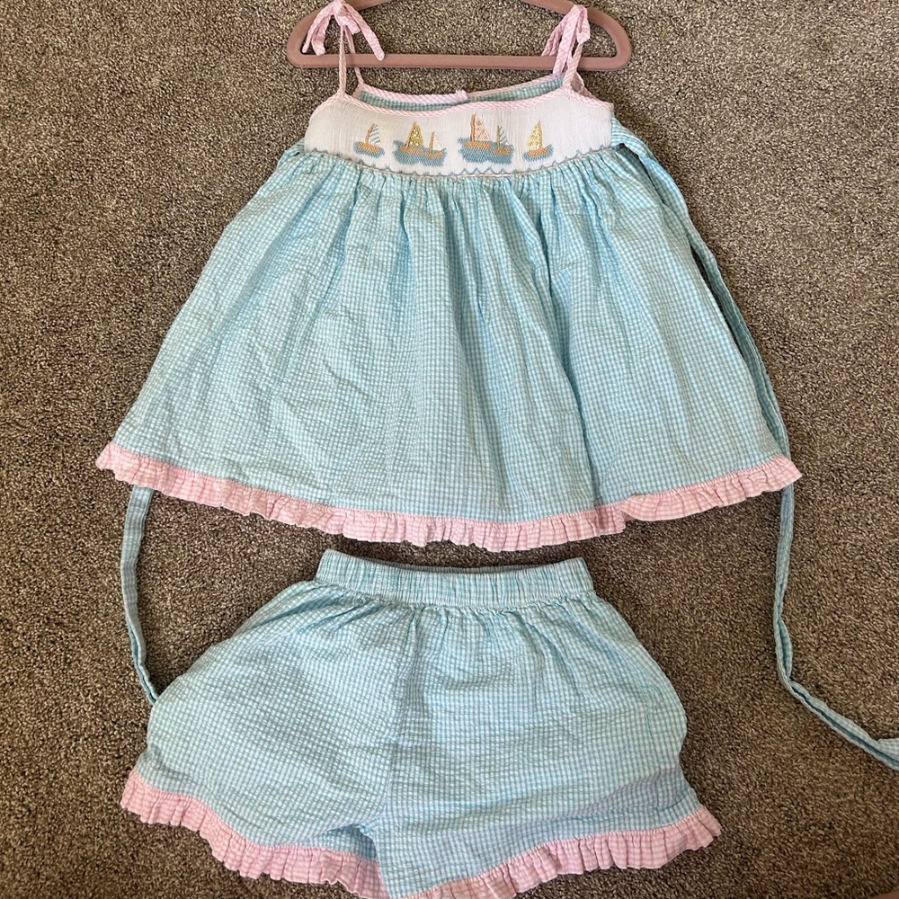 Smocked Seersucker Two-Piece Dress Set in Light Blue & Pink